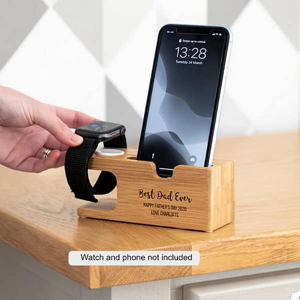 Personalised Bamboo Apple Watch & Phone Charging Dock